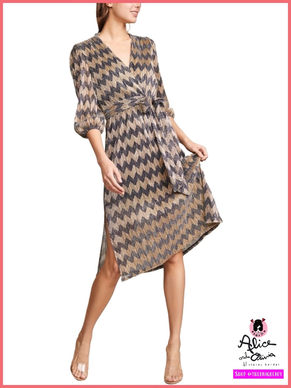Alice + Olivia Katina Metallic Tie Waist Black Gold Midi Dress